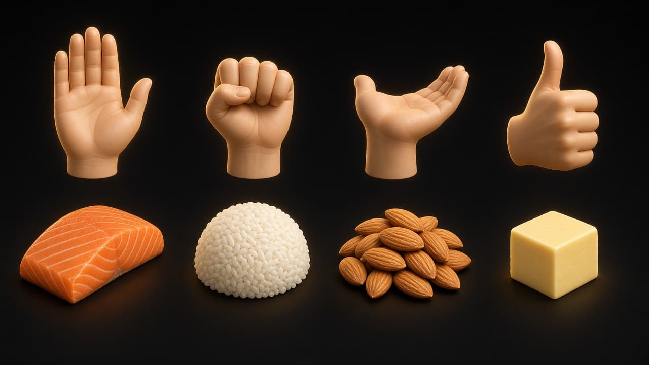 Four hand gestures, palm, fist, cupped hand and thumb, next to matching food portions