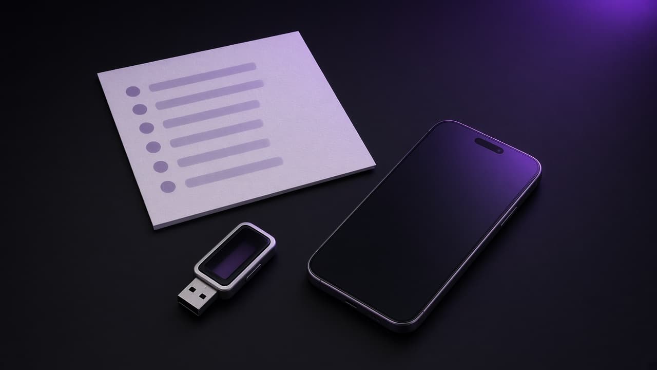 Printed backup codes and a spare security key lying next to a new phone
