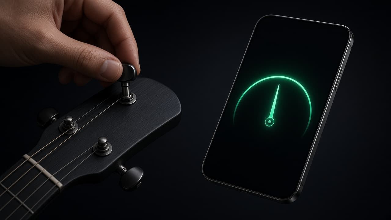 Hand turning a guitar tuning peg next to a phone tuner gauge at center