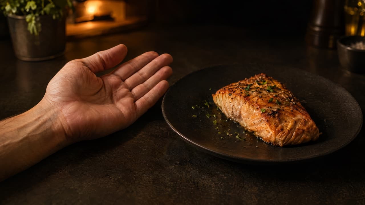 Open palm next to a palm-sized piece of cooked salmon on a dark plate