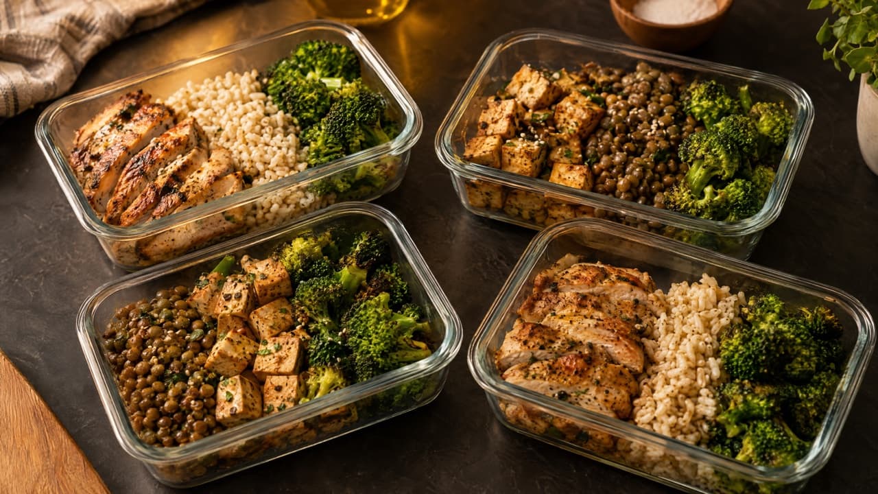 Four glass meal prep containers with chicken, rice, broccoli, tofu and lentils