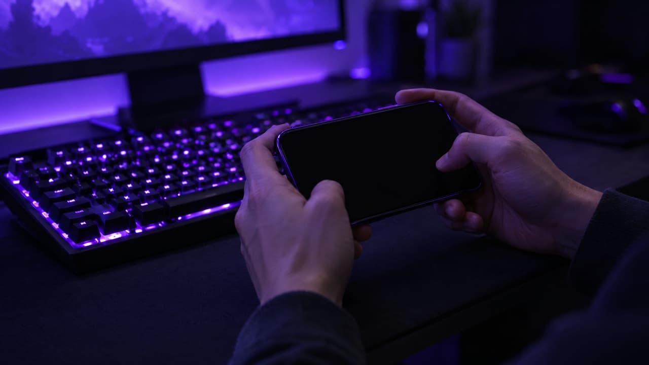 Hands holding a phone near a keyboard with violet backlight