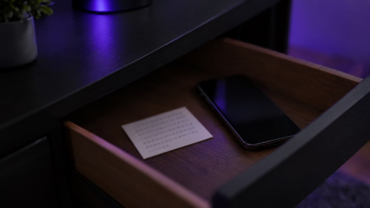 Printed card of blurred codes in a desk drawer next to a phone
