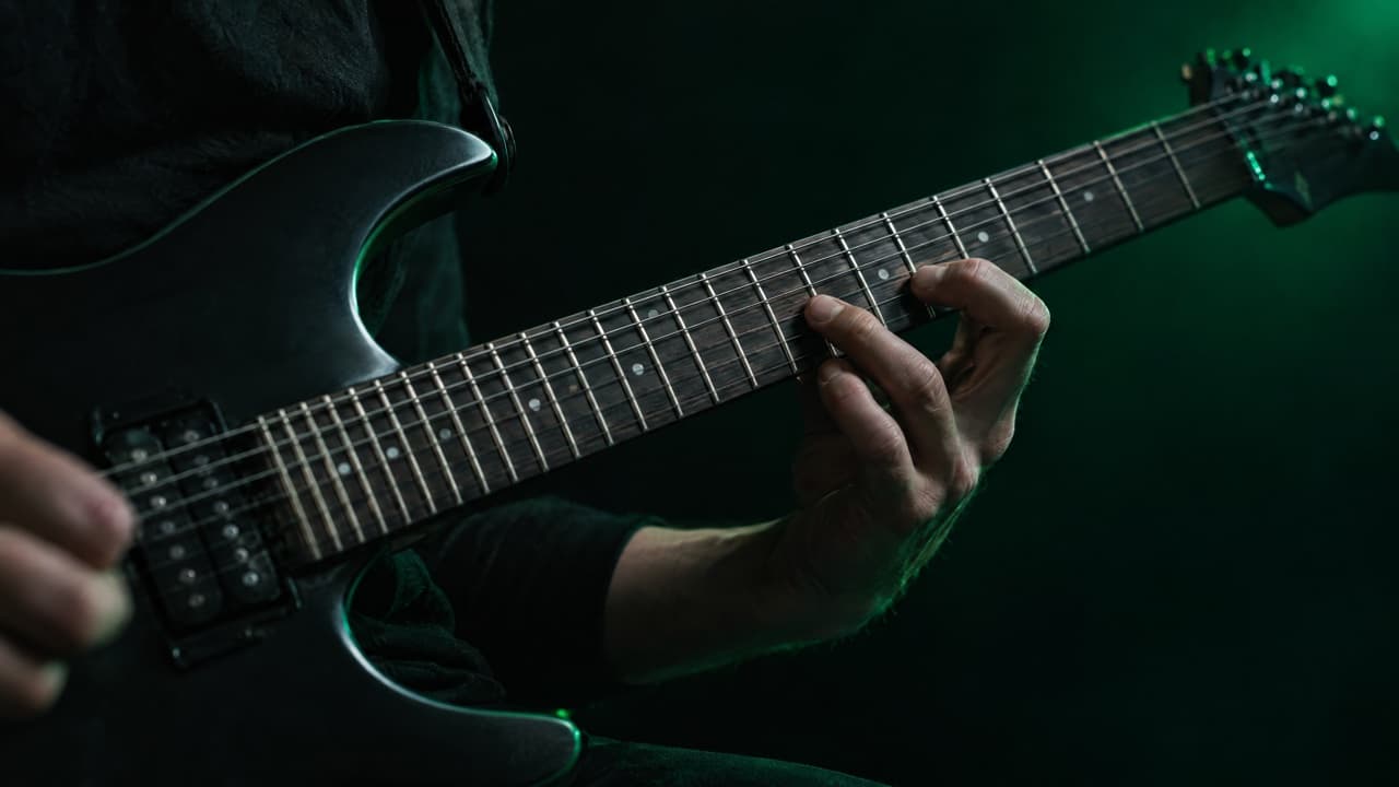 Guitarist's fretting hand playing a lead line high on an electric guitar neck