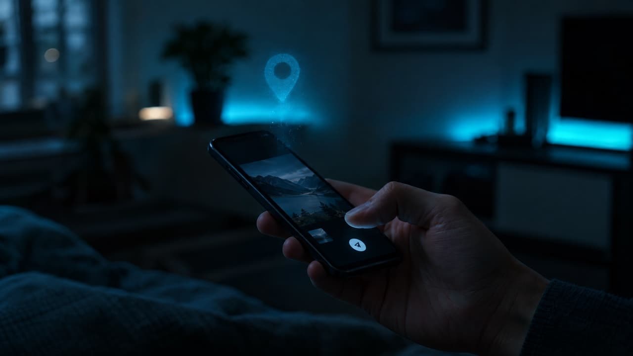 Hand holding a phone about to send a photo with a fading map pin above it