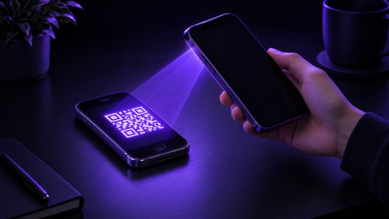 Hand holding a new phone scanning a glowing QR pattern displayed on an older phone