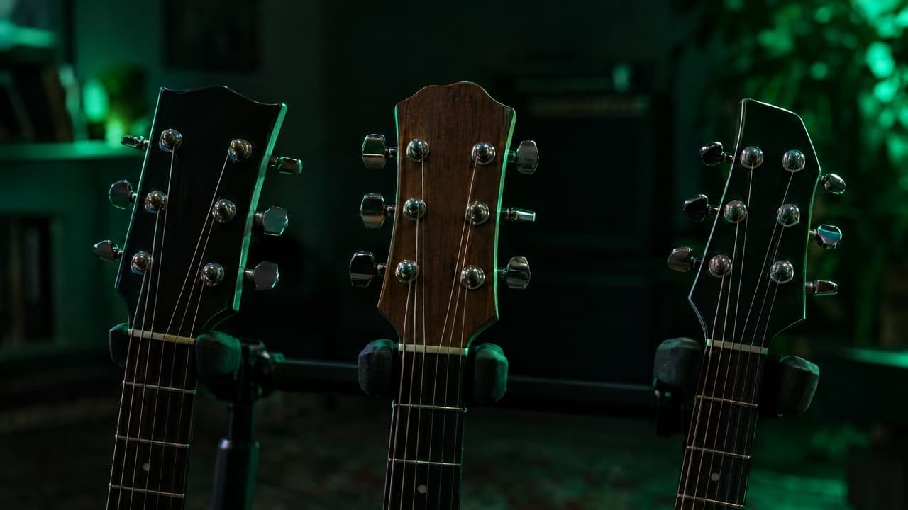 Three guitar headstocks side by side on a stand with tuners turned to different angles