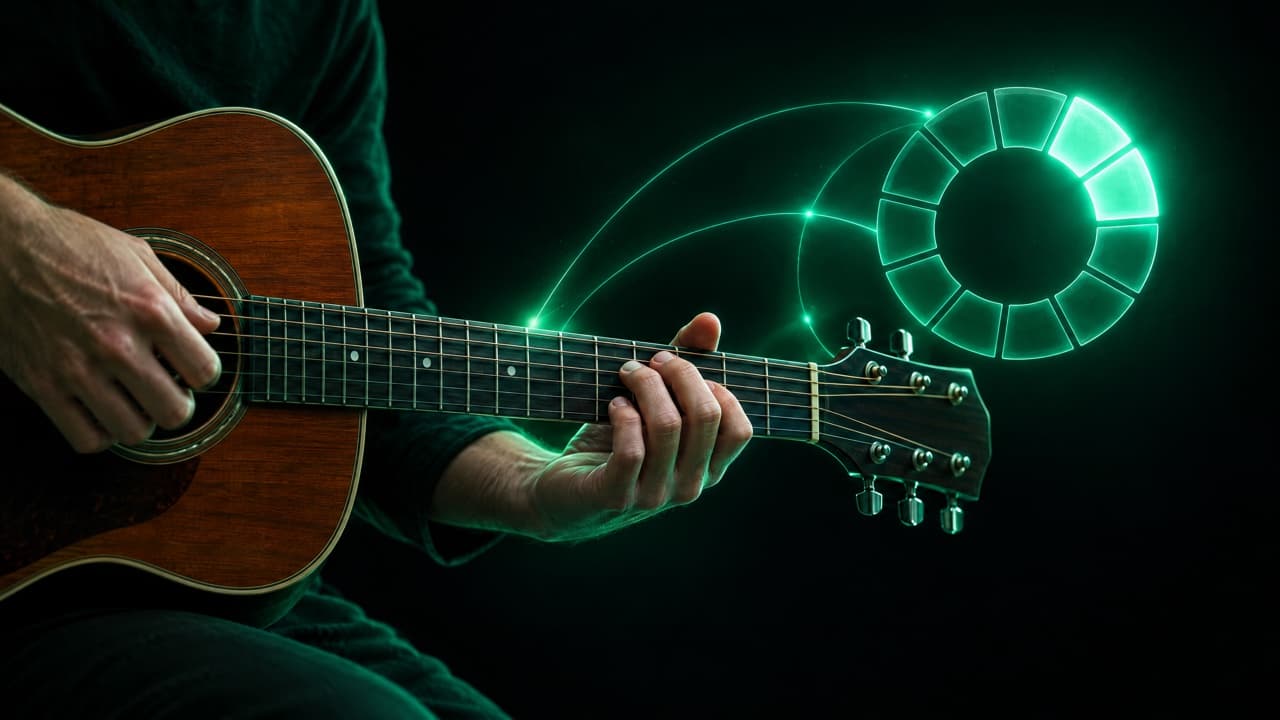 Hände spielen Akkorde auf einer Akustikgitarre neben einem leuchtenden Ring mit drei hervorgehobenen Nachbarsegmenten