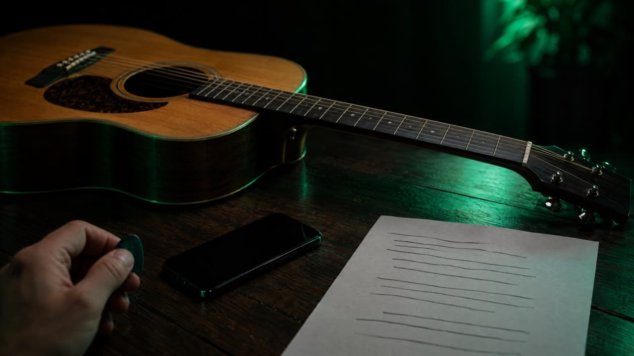 Akustikgitarre auf einem Tisch neben einem Handy und einem Blatt Papier mit leeren Linien